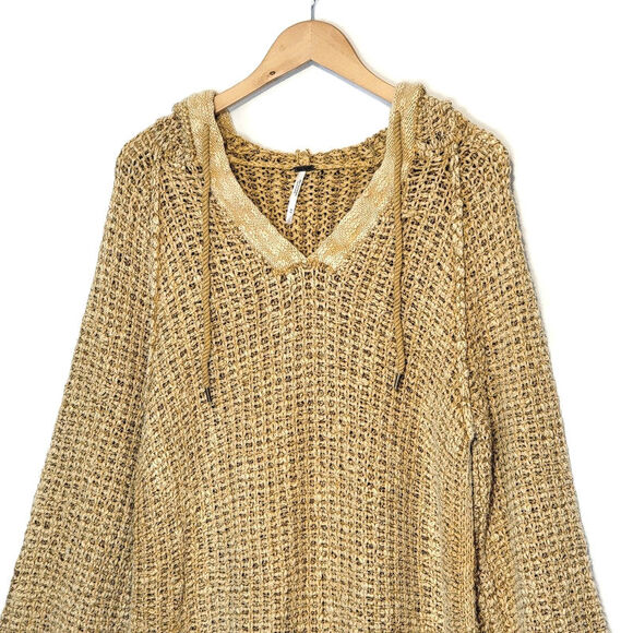 Free People Chunky Knit Crochet Hoodie Long Tunic Pullover Sweater Size M - Picture 3 of 16